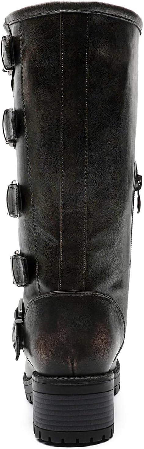 GLOBALWIN Chunky Mid Calf Fashion Dressy Motocycle Biker Military Style Combat Boots for Women Low Heel