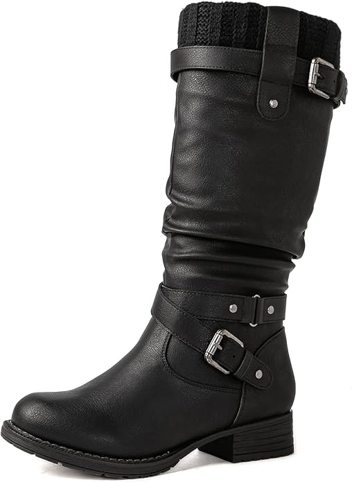 GLOBALWIN Women's Motorcycle Boots Mid Calf Boots Low Heels