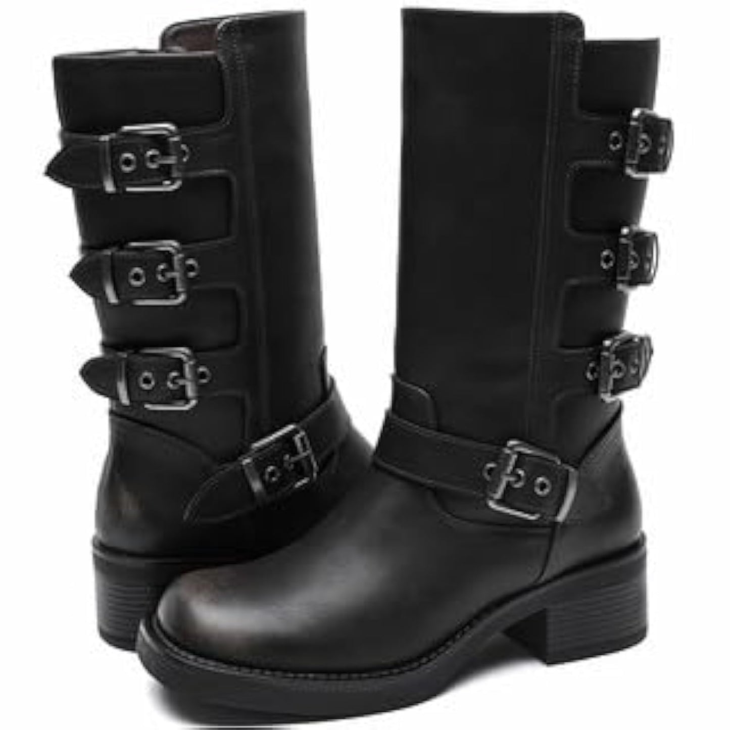 GLOBALWIN Chunky Mid Calf Fashion Dressy Motocycle Biker Military Style Combat Boots for Women Low Heel