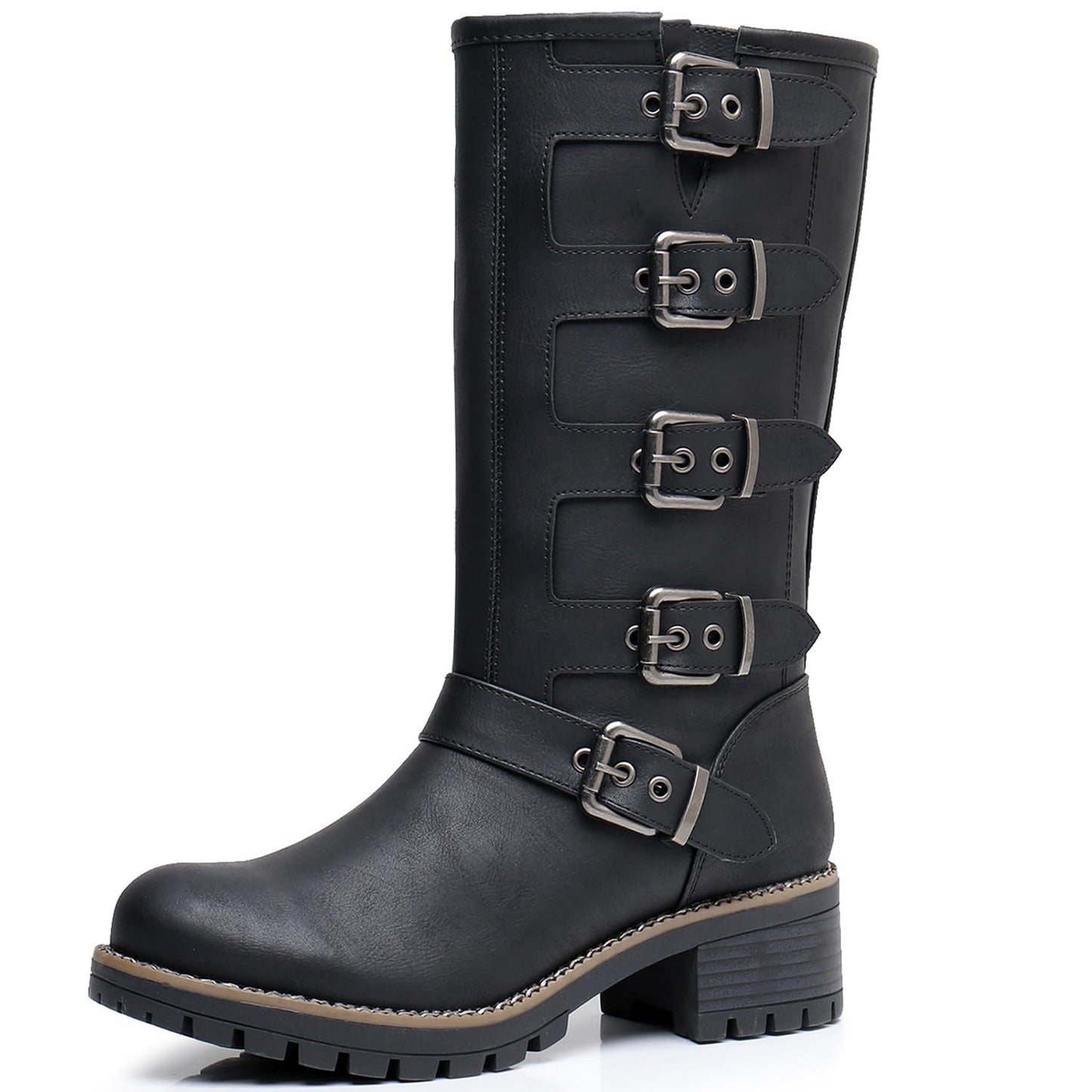 GLOBALWIN Chunky Mid Calf Fashion Dressy Motocycle Biker Military Style Combat Boots for Women Low Heel