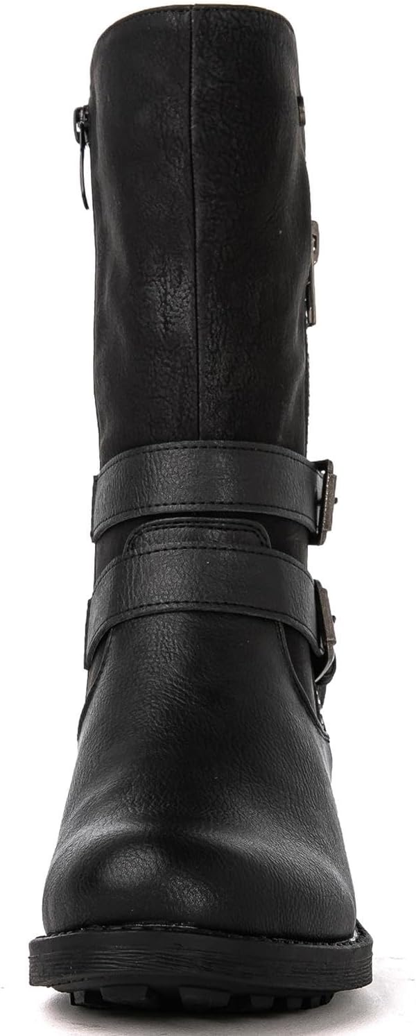 GLOBALWIN Women's Fall Fashion Biker Boots Mid Calf Boots For Women Low Heel