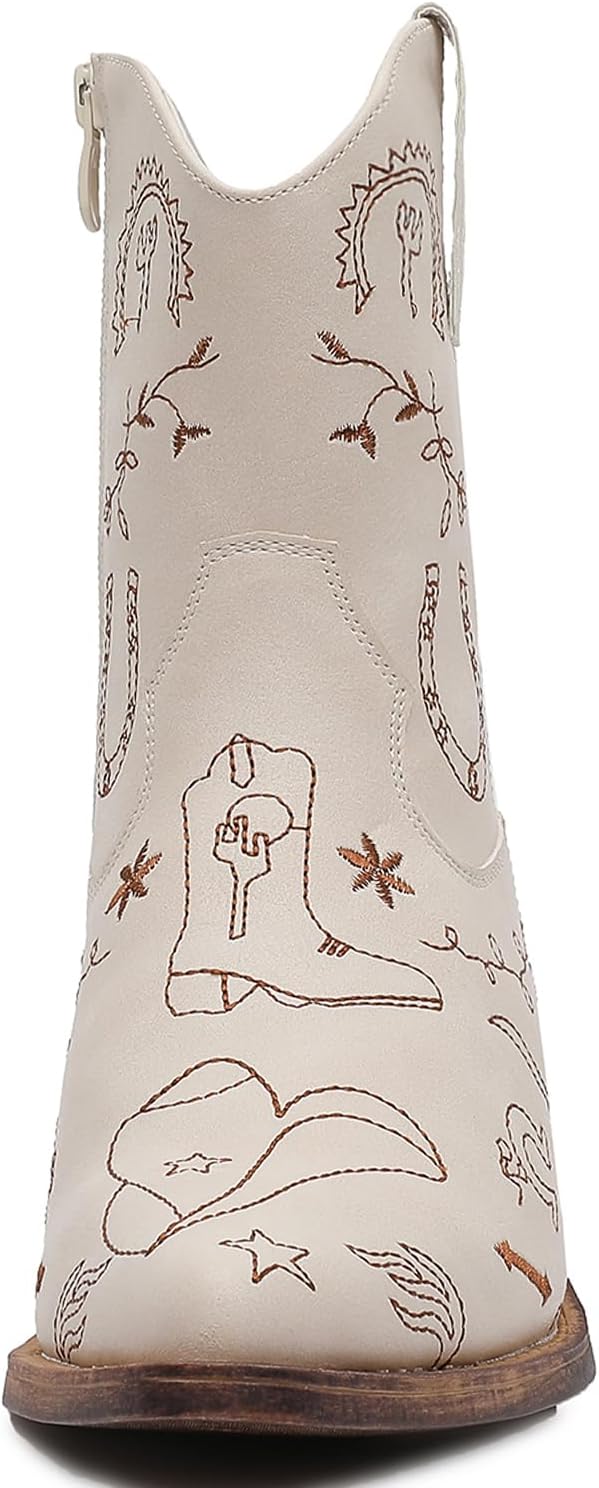 GLOBALWIN Women's Ankle Boots To Mid Calf Western Cowboy Boots Cowgirl Boots For Women With Floral Embroidery Side Zipper Chunky Heel