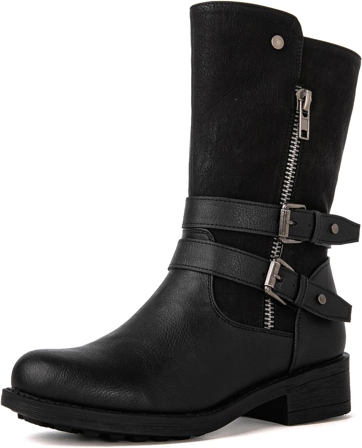 GLOBALWIN Women's Fall Fashion Biker Boots Mid Calf Boots For Women Low Heel