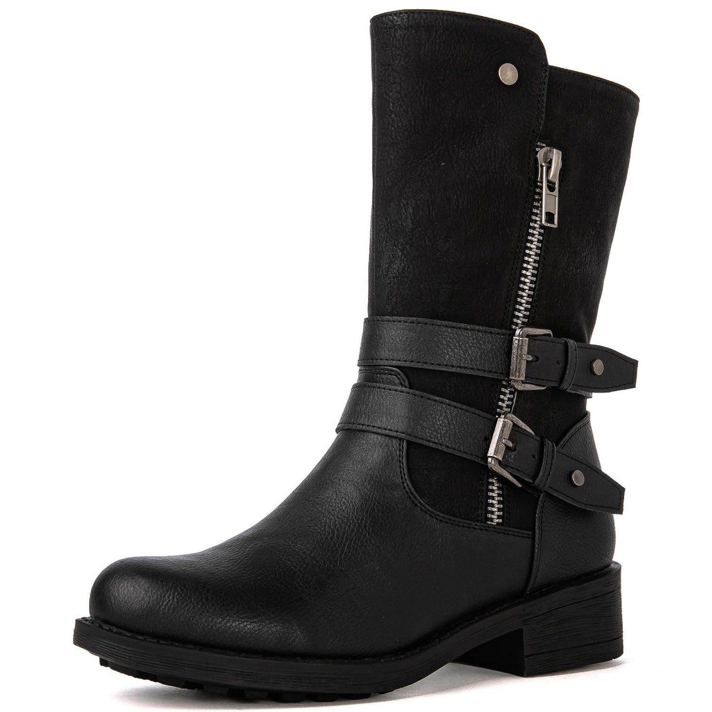 GLOBALWIN Women's Fall Fashion Biker Boots Mid Calf Boots For Women Low Heel