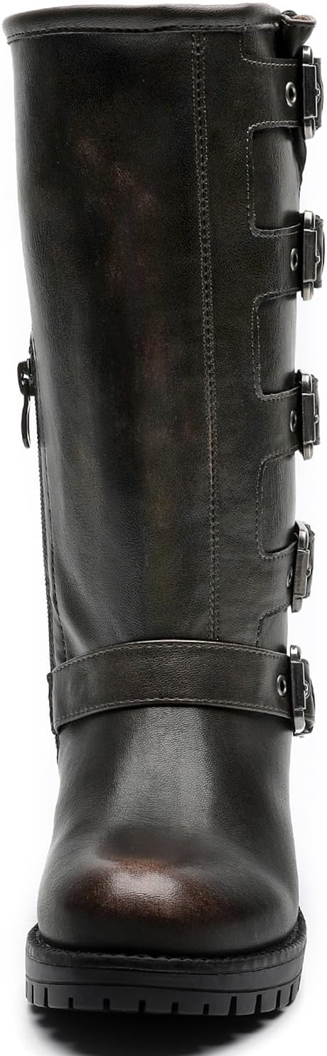 GLOBALWIN Chunky Mid Calf Fashion Dressy Motocycle Biker Military Style Combat Boots for Women Low Heel