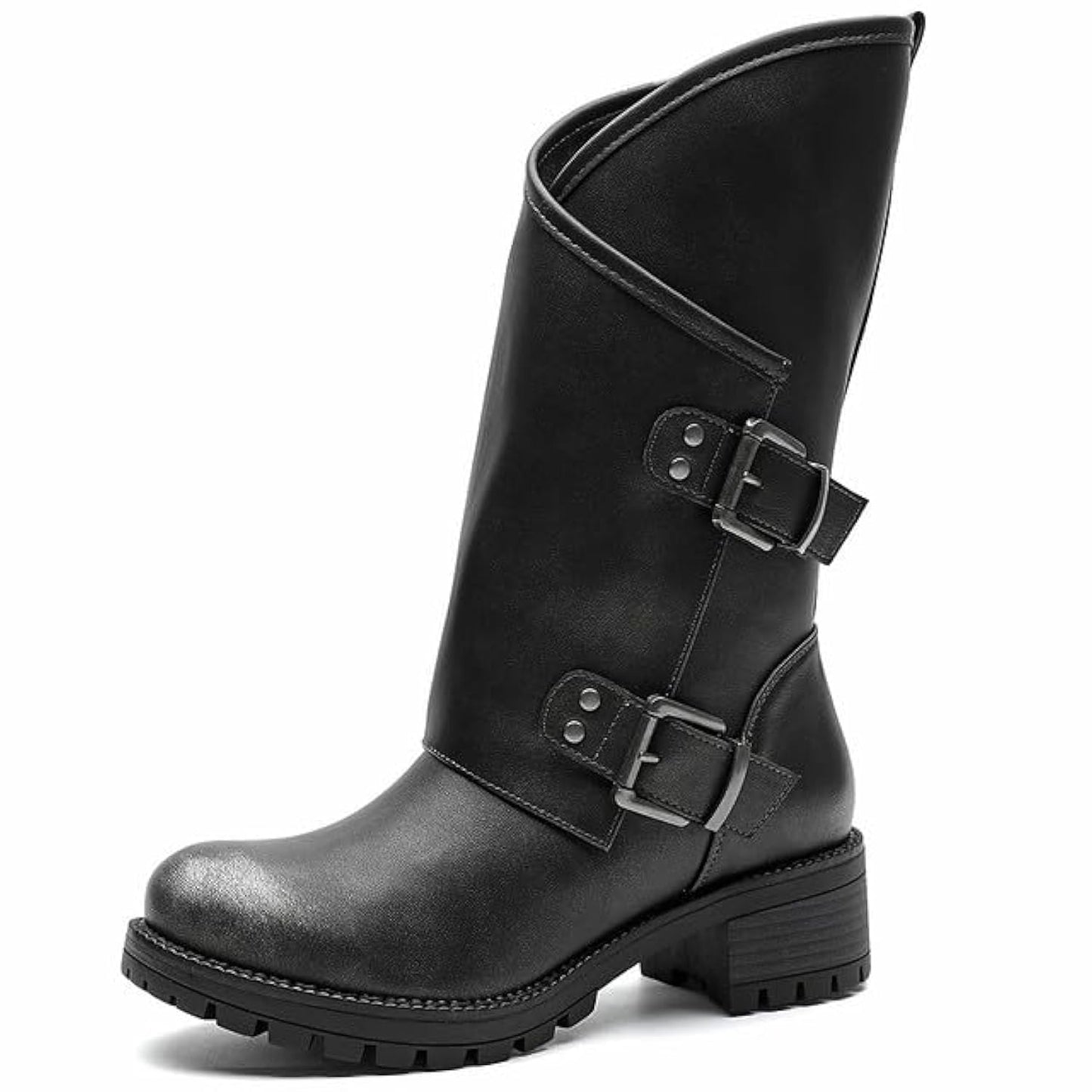 GLOBALWIN Women's The Twisted Rider Motorcycle Boots Mid-Calf Fashion Boots For Women Low Heel