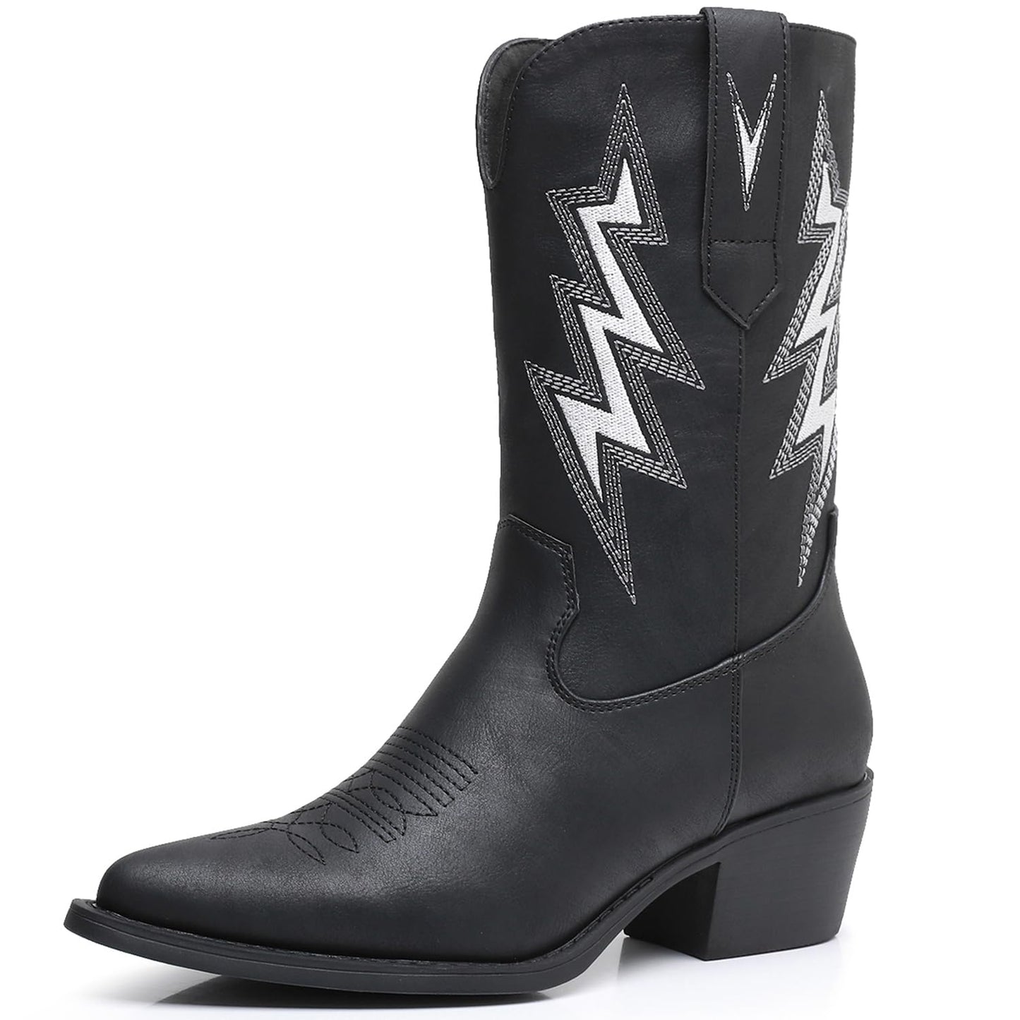 GLOBALWIN Women's Mid Calf Western Cowboy Cowgirl Pointed Toe Boots With Chunky Low Heels