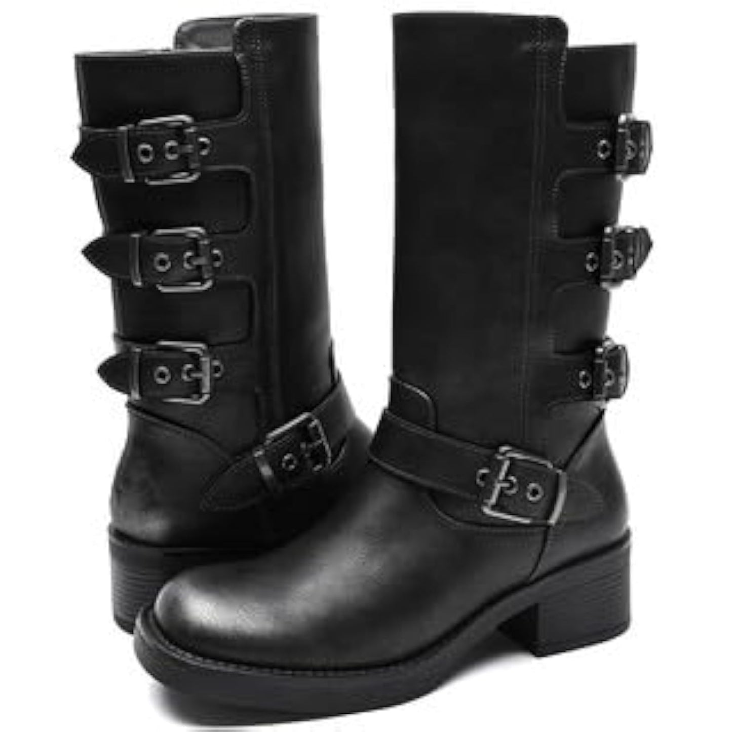 GLOBALWIN Chunky Mid Calf Fashion Dressy Motocycle Biker Military Style Combat Boots for Women Low Heel