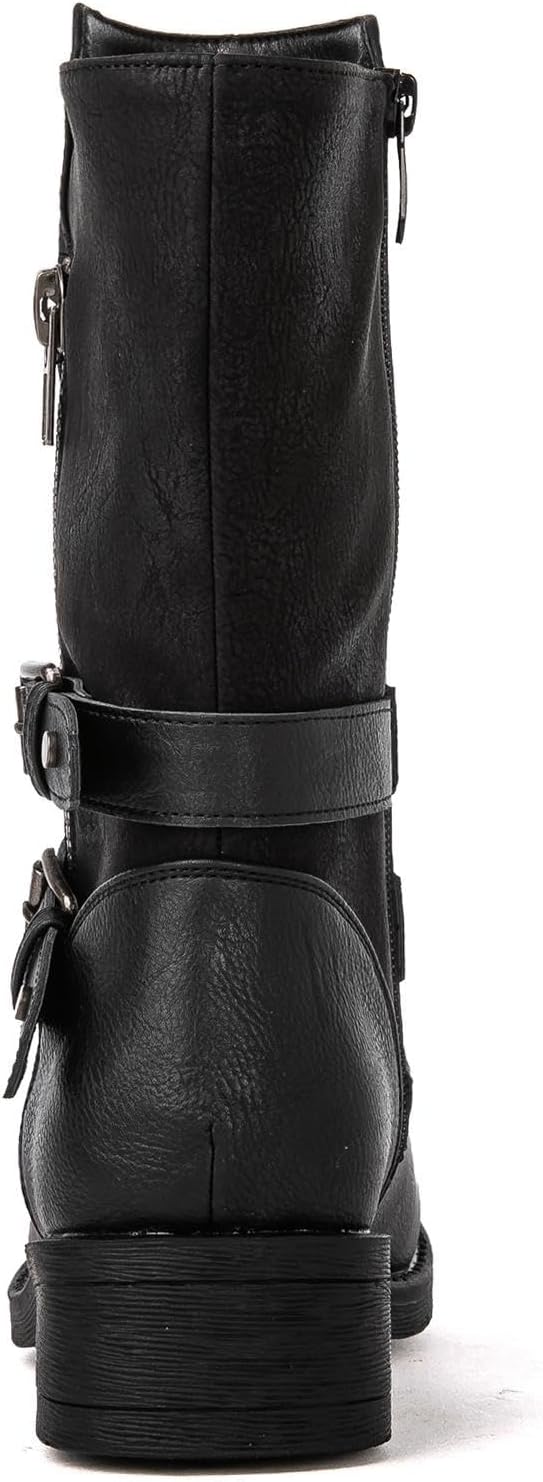 GLOBALWIN Women's Fall Fashion Biker Boots Mid Calf Boots For Women Low Heel