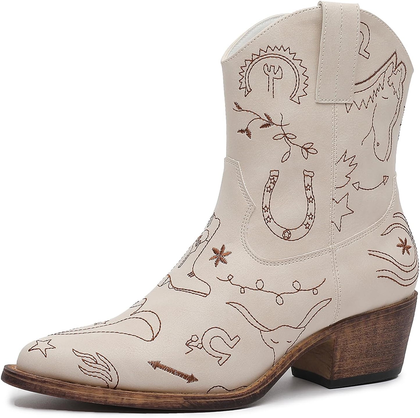 GLOBALWIN Women's Ankle Boots To Mid Calf Western Cowboy Boots Cowgirl Boots For Women With Floral Embroidery Side Zipper Chunky Heel