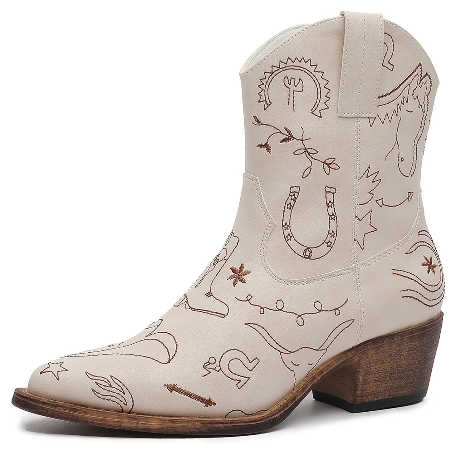 GLOBALWIN Women's Ankle Boots To Mid Calf Western Cowboy Boots Cowgirl Boots For Women With Floral Embroidery Side Zipper Chunky Heel