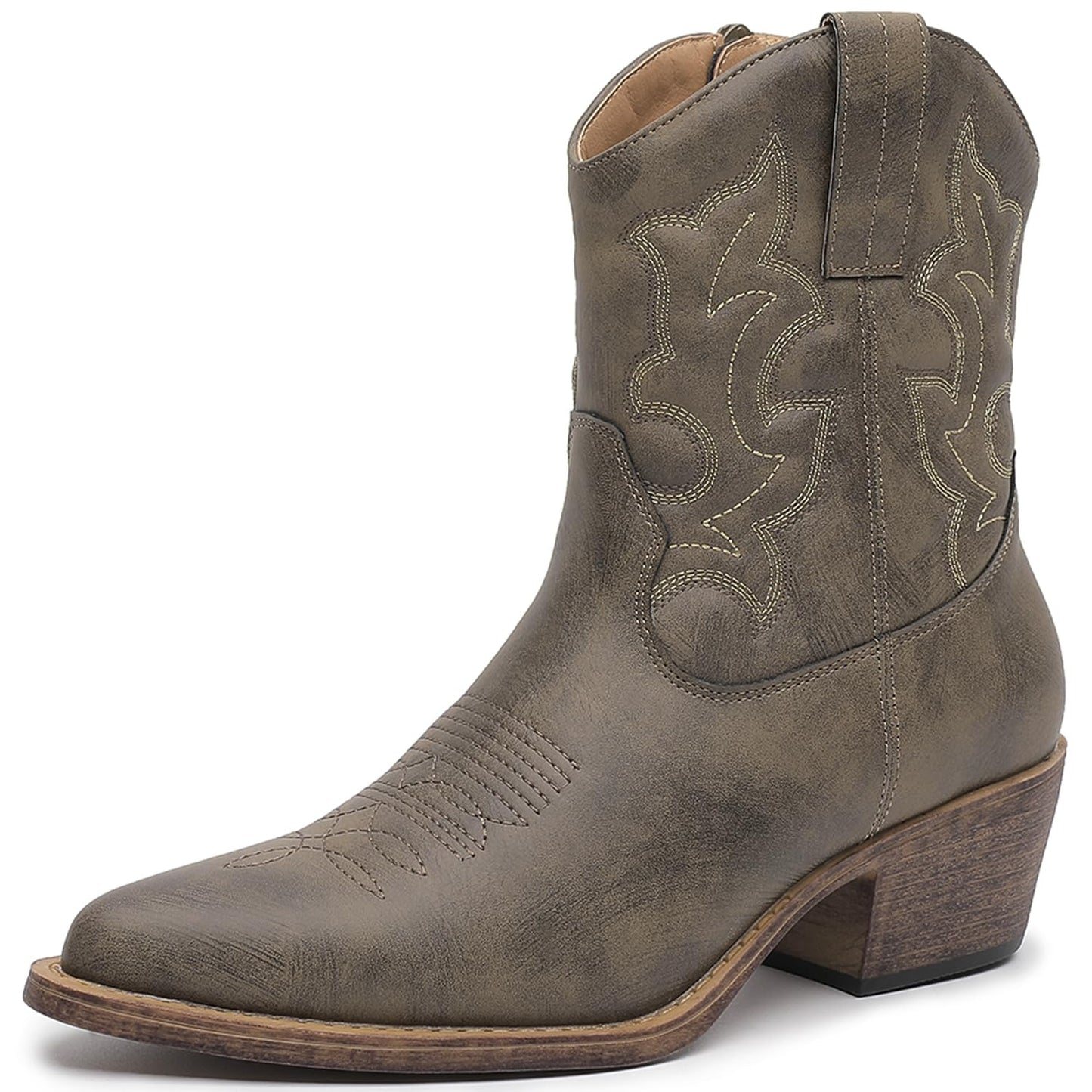 GLOBALWIN Women's Ankle Boots To Mid Calf Western Cowboy Boots Cowgirl Boots For Women With Floral Embroidery Side Zipper Chunky Heel