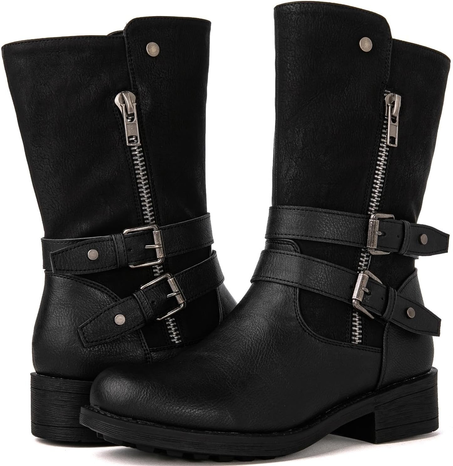 GLOBALWIN Women's Fall Fashion Biker Boots Mid Calf Boots For Women Low Heel