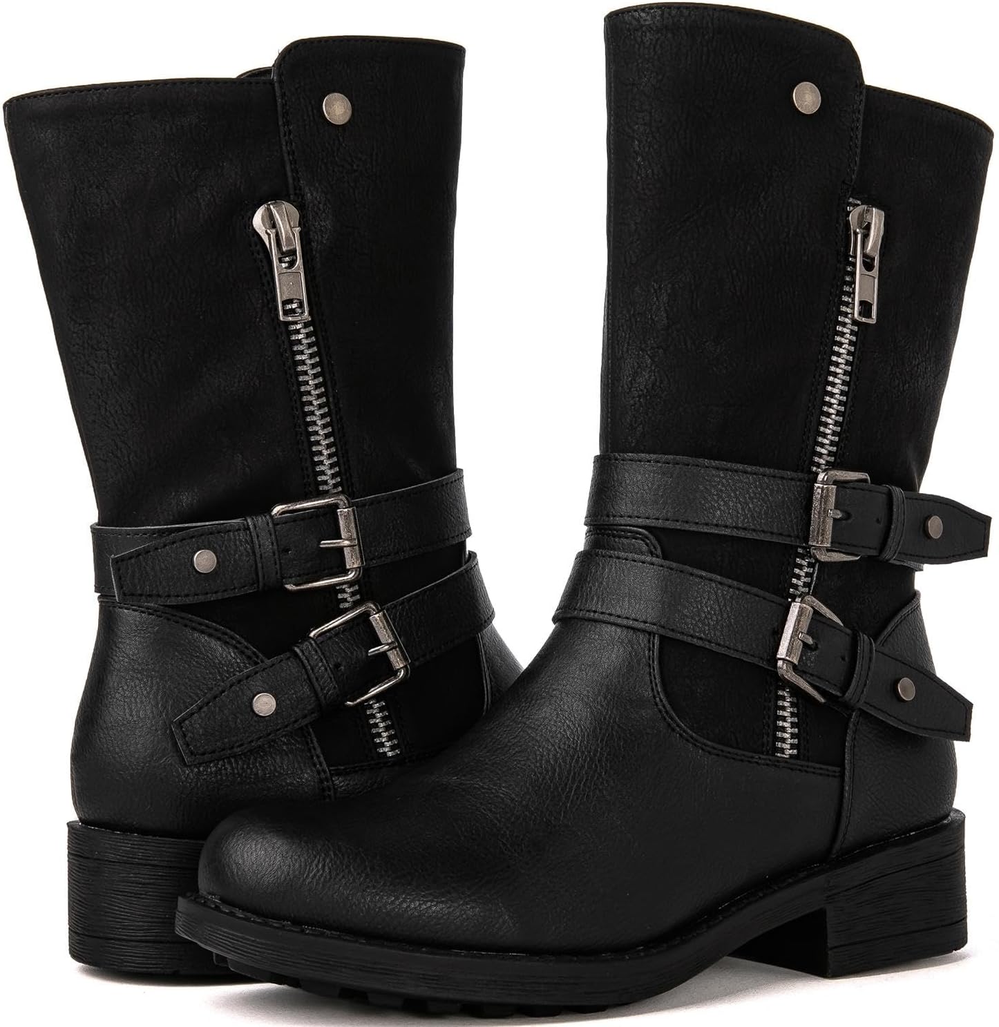 GLOBALWIN Women's Fall Fashion Biker Boots Mid Calf Boots For Women Low Heel