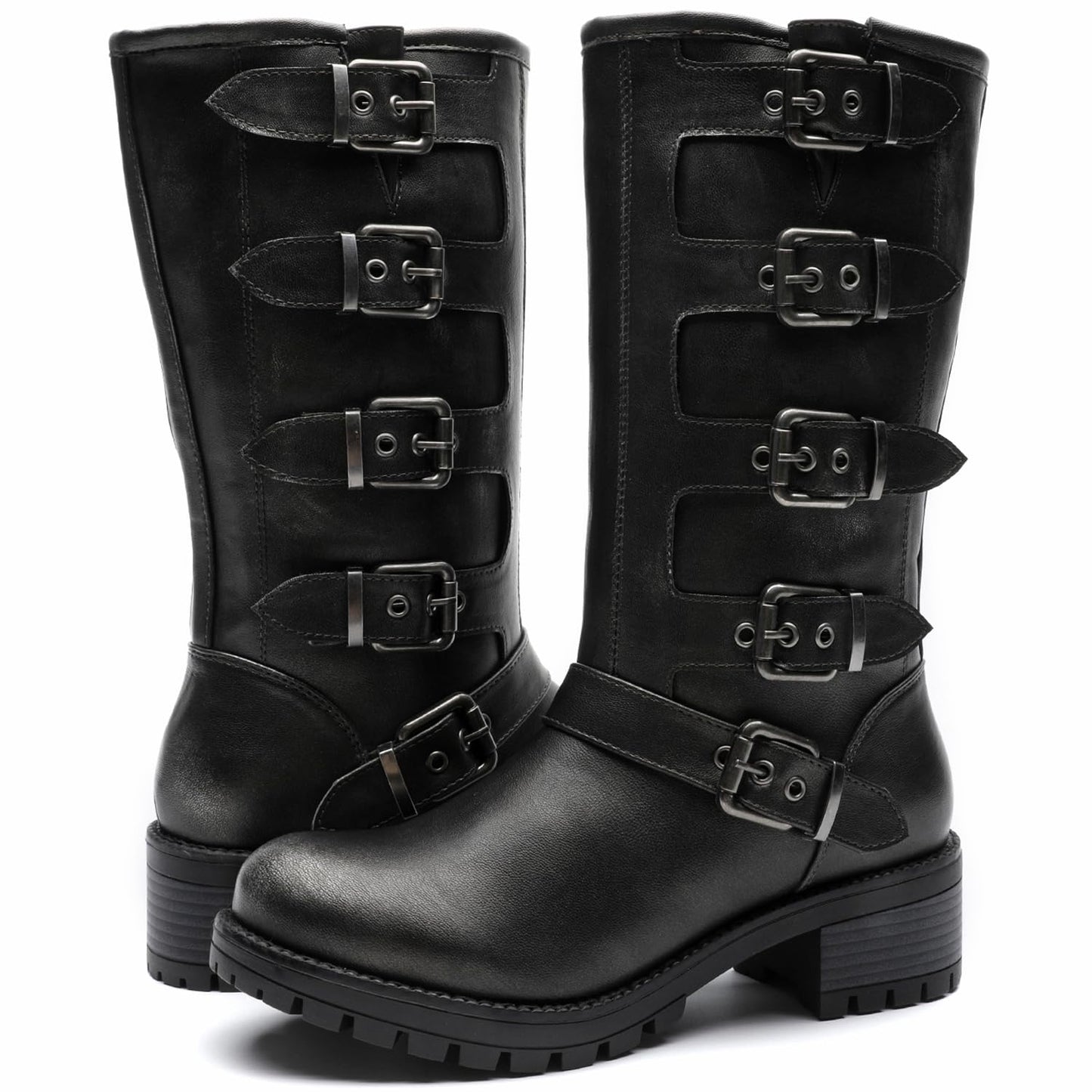 GLOBALWIN Chunky Mid Calf Fashion Dressy Motocycle Biker Military Style Combat Boots for Women Low Heel
