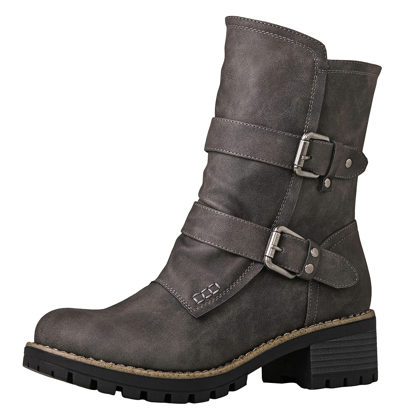 GLOBALWIN Women's Biker Boots Lace up Mid Calf Motorcycle Fashion Festival Boots Combat Riding Military Boots for Women