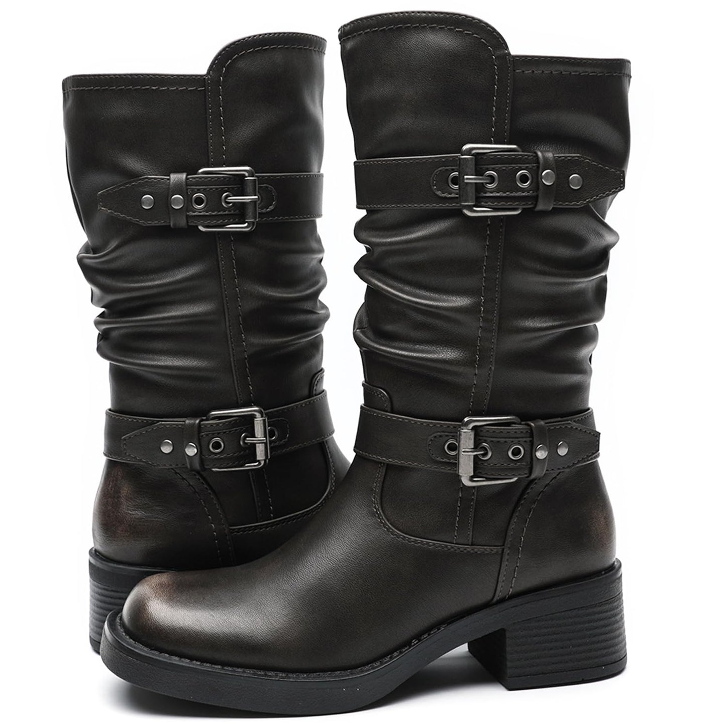 GLOBALWIN Women's Motorcycle Boots Fall Fashion Mid Calf Boots For Women Square Toe Low Heel Size 10M