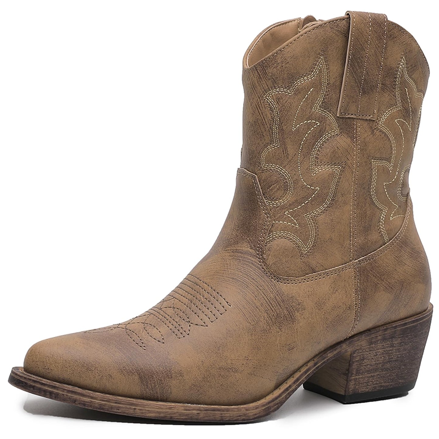 GLOBALWIN Women's Ankle Boots To Mid Calf Western Cowboy Boots Cowgirl Boots For Women With Floral Embroidery Side Zipper Chunky Heel