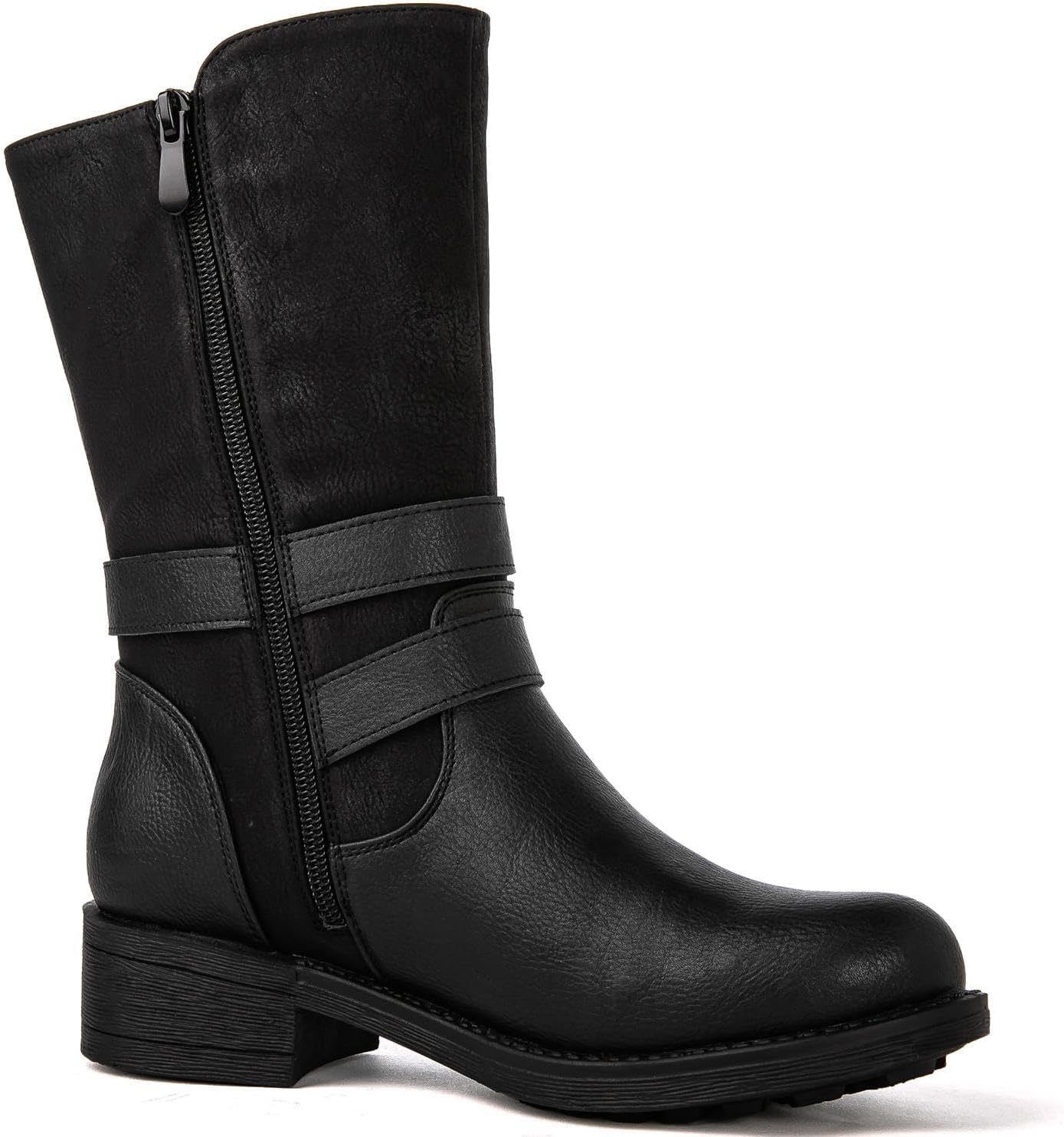 GLOBALWIN Women's Fall Fashion Biker Boots Mid Calf Boots For Women Low Heel