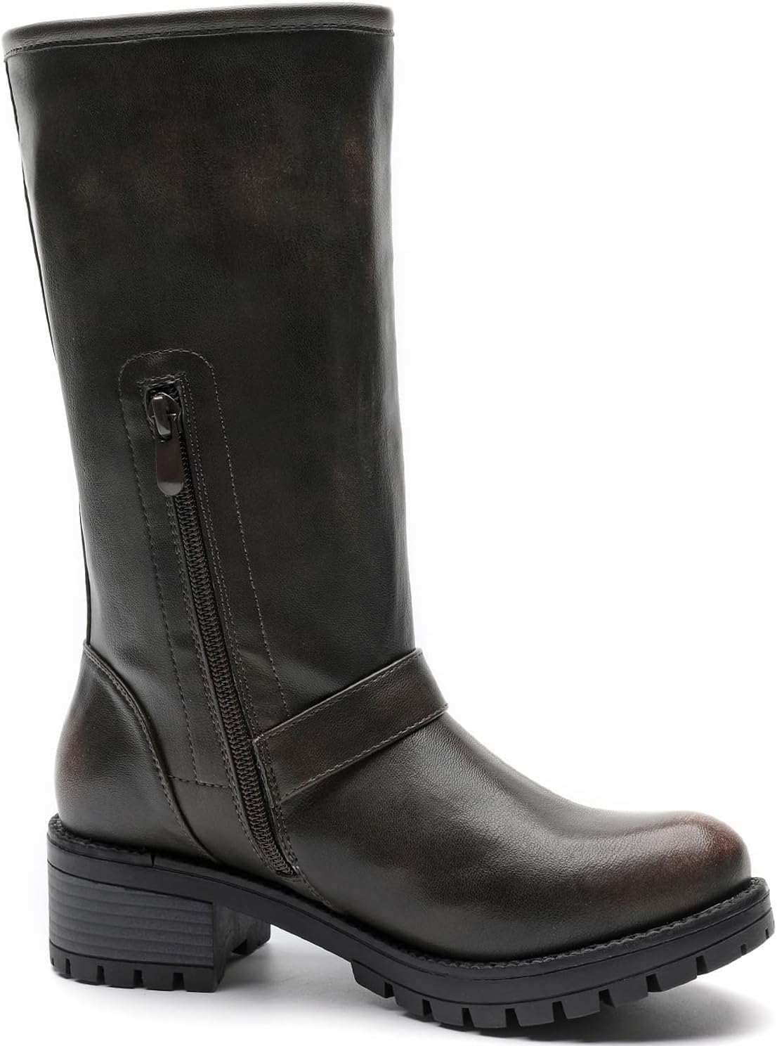 GLOBALWIN Chunky Mid Calf Fashion Dressy Motocycle Biker Military Style Combat Boots for Women Low Heel
