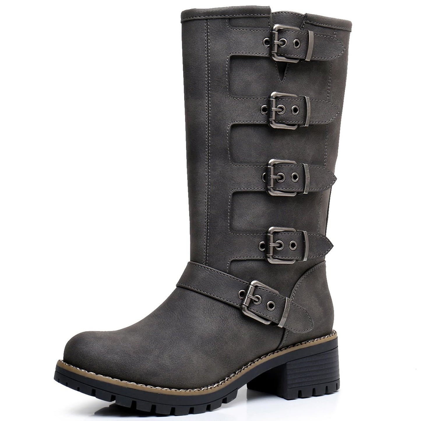 GLOBALWIN Chunky Mid Calf Fashion Dressy Motocycle Biker Military Style Combat Boots for Women Low Heel