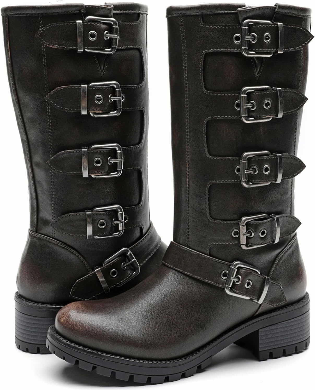 GLOBALWIN Chunky Mid Calf Fashion Dressy Motocycle Biker Military Style Combat Boots for Women Low Heel