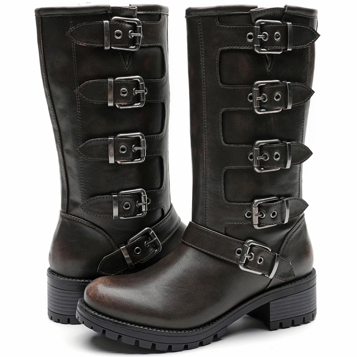 GLOBALWIN Chunky Mid Calf Fashion Dressy Motocycle Biker Military Style Combat Boots for Women Low Heel