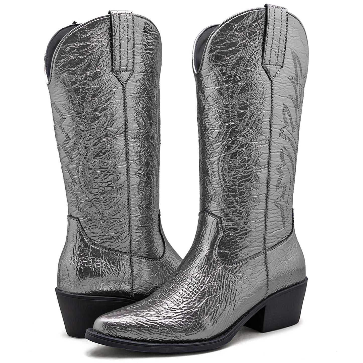 GLOBALWIN Women's Mid Calf Western Cowboy Boots Cowgirl Boots for Women with Floral Embroidery Side Zipper Chunky Heel