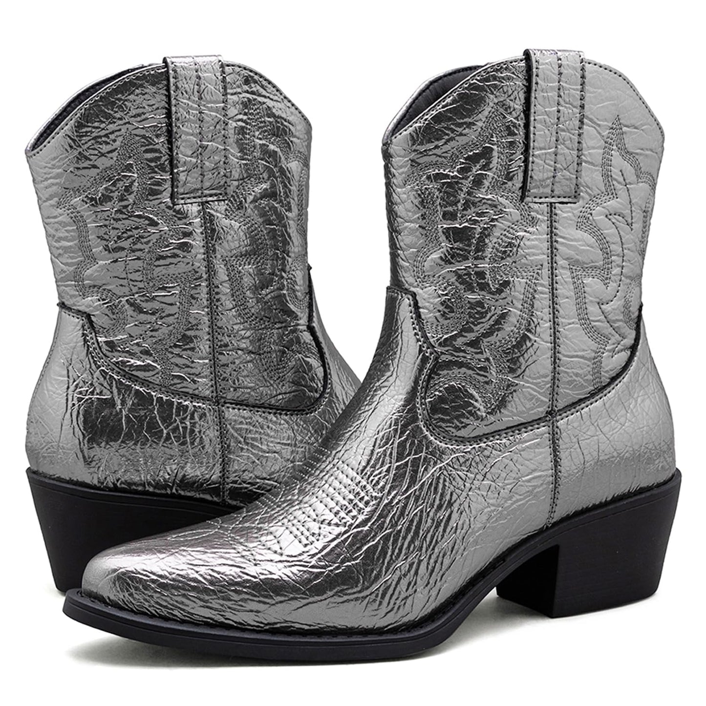 GLOBALWIN Women's Ankle Boots To Mid Calf Western Cowboy Boots Cowgirl Boots For Women With Floral Embroidery Side Zipper Chunky Heel