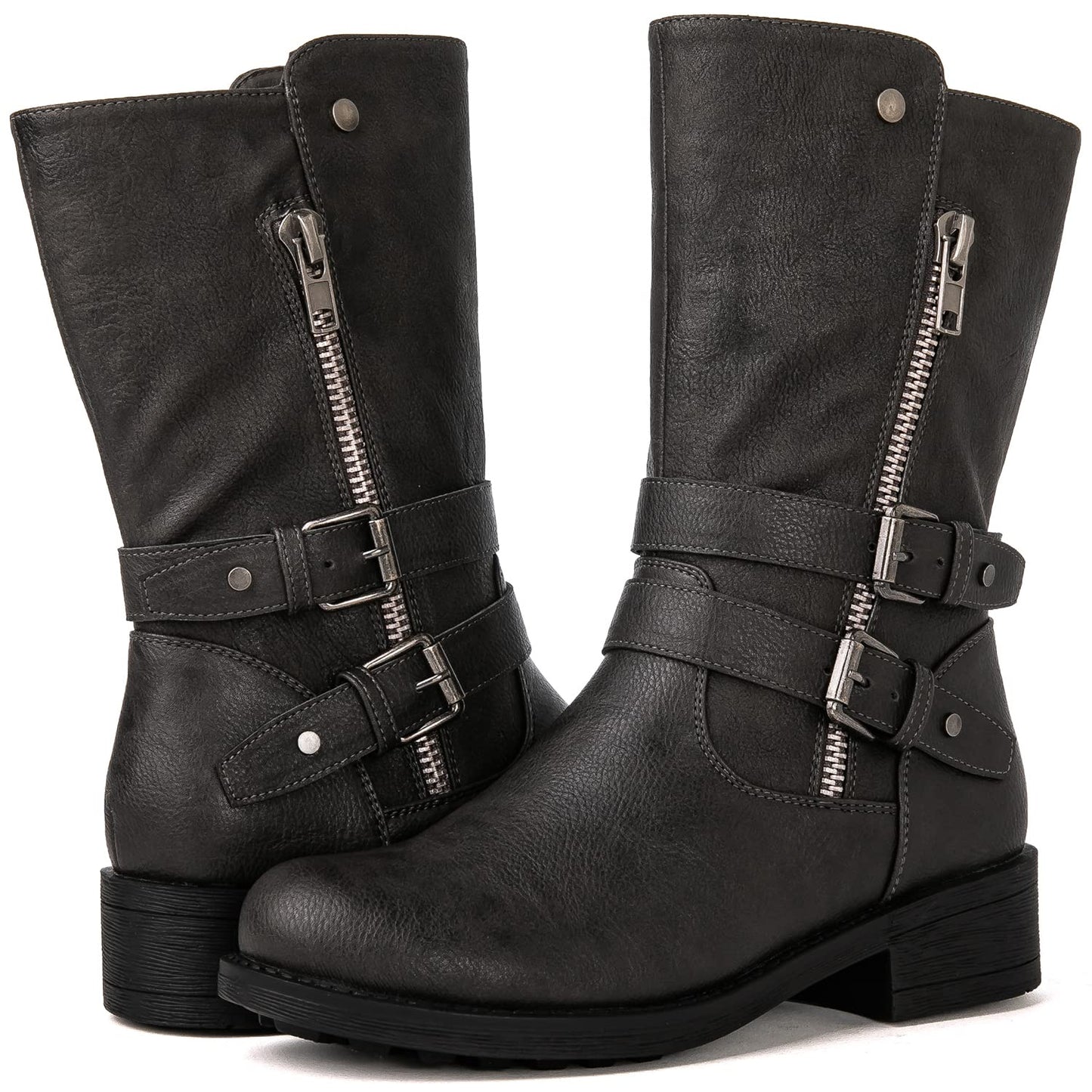 GLOBALWIN Women's Fall Fashion Biker Boots Mid Calf Boots For Women Low Heel
