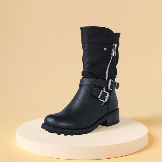 GLOBALWIN Women's Fall Fashion Biker Boots Mid Calf Boots For Women Low Heel