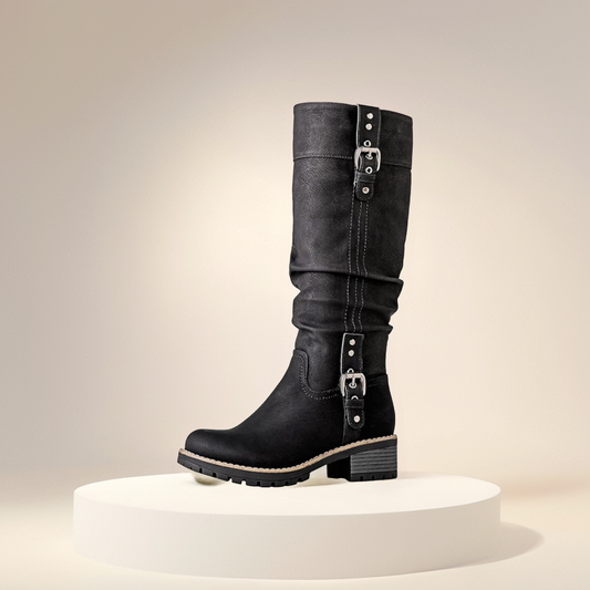 GLOBALWIN Women's Knee High Boots Tall Fashion Riding Boots For Women With Side Zipper Chunky Low Heel