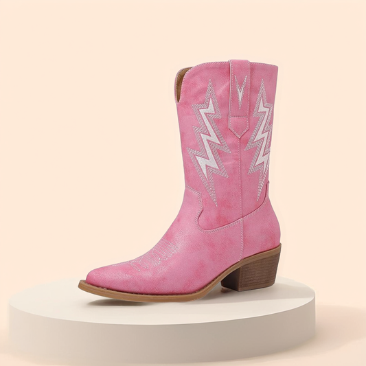 GLOBALWIN Women's Mid Calf Western Cowboy Cowgirl Pointed Toe Boots With Chunky Low Heels