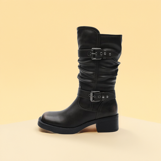 GLOBALWIN Women's Motorcycle Boots Fall Fashion Mid Calf Boots For Women Square Toe Low Heel