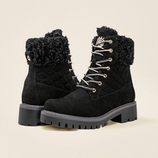 GLOBALWIN Women's Quilted Ankle Boots Fashion Combat Boots Lace Up Combat Boots Low Heel Warm Fur Ankle Booties For Women