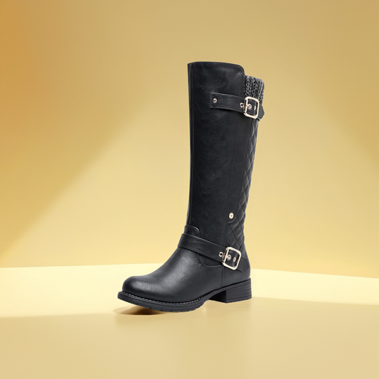 GLOBALWIN Women's Quilted Knee High Boots For Women Low Heel Comfortable Fashion Riding Boots
