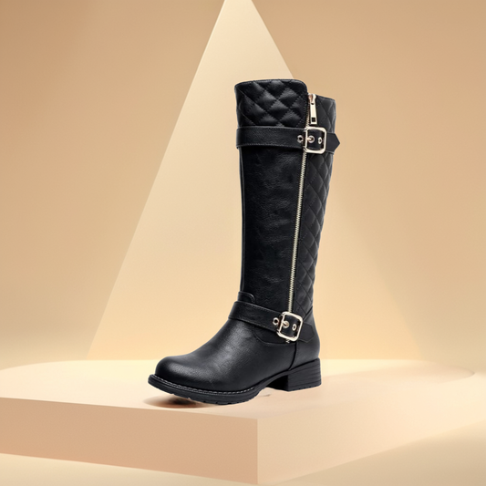 GLOBALWIN Women's Quilted Knee High Boots Low Heel Comfortable Fashion Dressy Riding Boots For Women