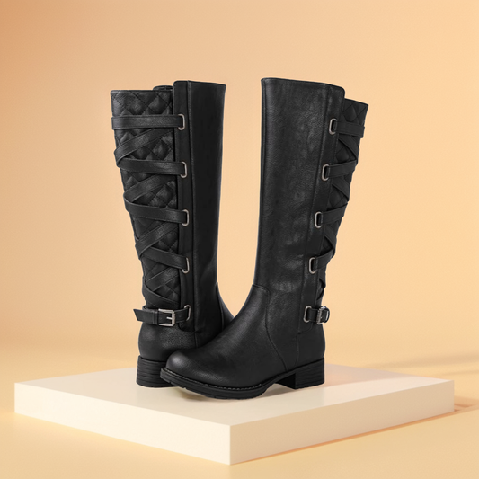 GLOBALWIN Women's Quilted Knee High Fashion Boots Strappy Boots For Women