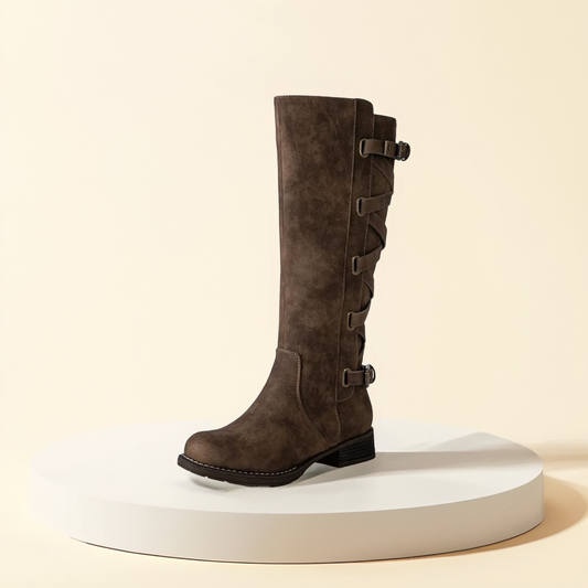 GLOBALWIN Women's Quilted Knee High Fashion Boots Strappy Boots For Women