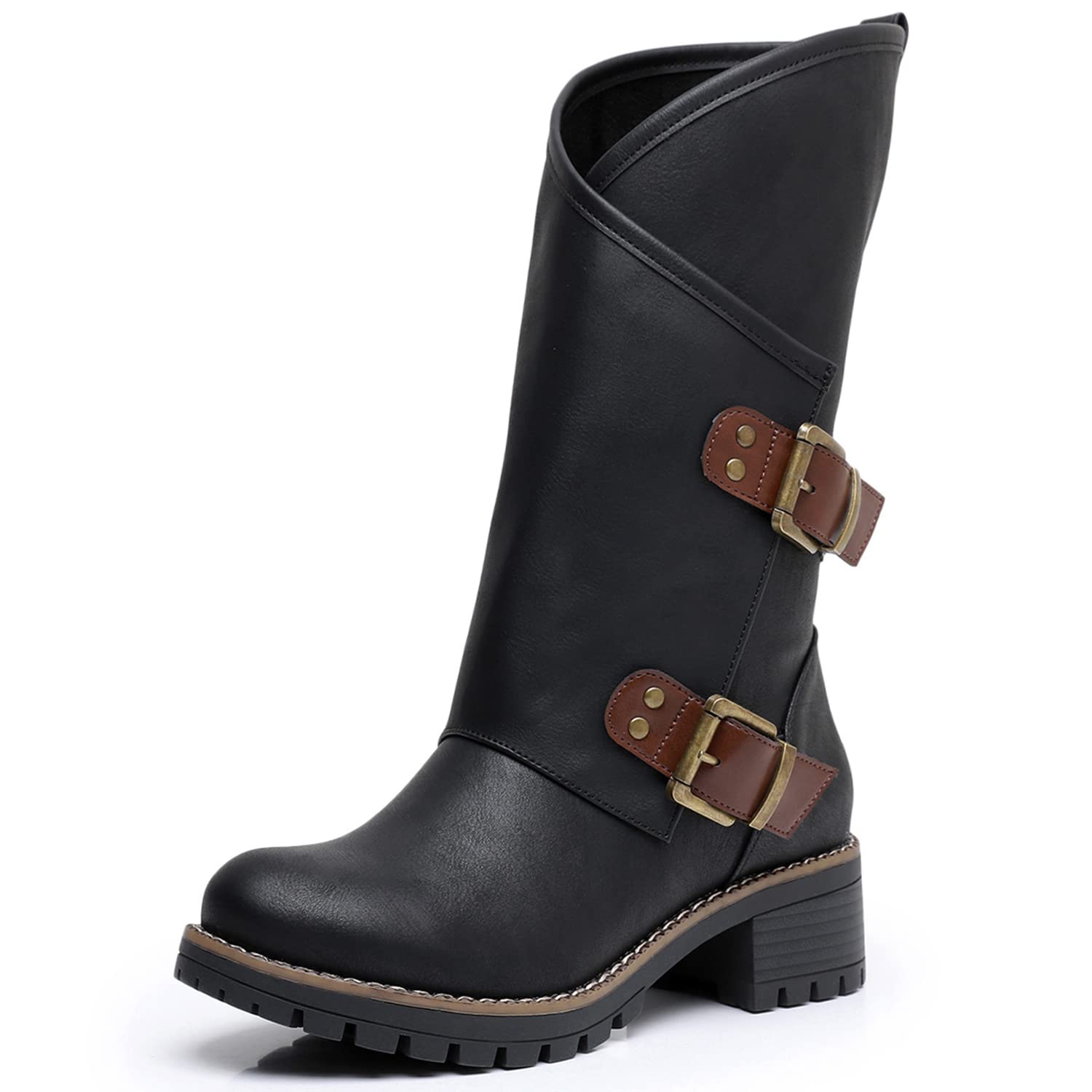 GLOBALWIN Women's The Twisted Rider Motorcycle Boots Mid-Calf Fashion Boots For Women Low Heel