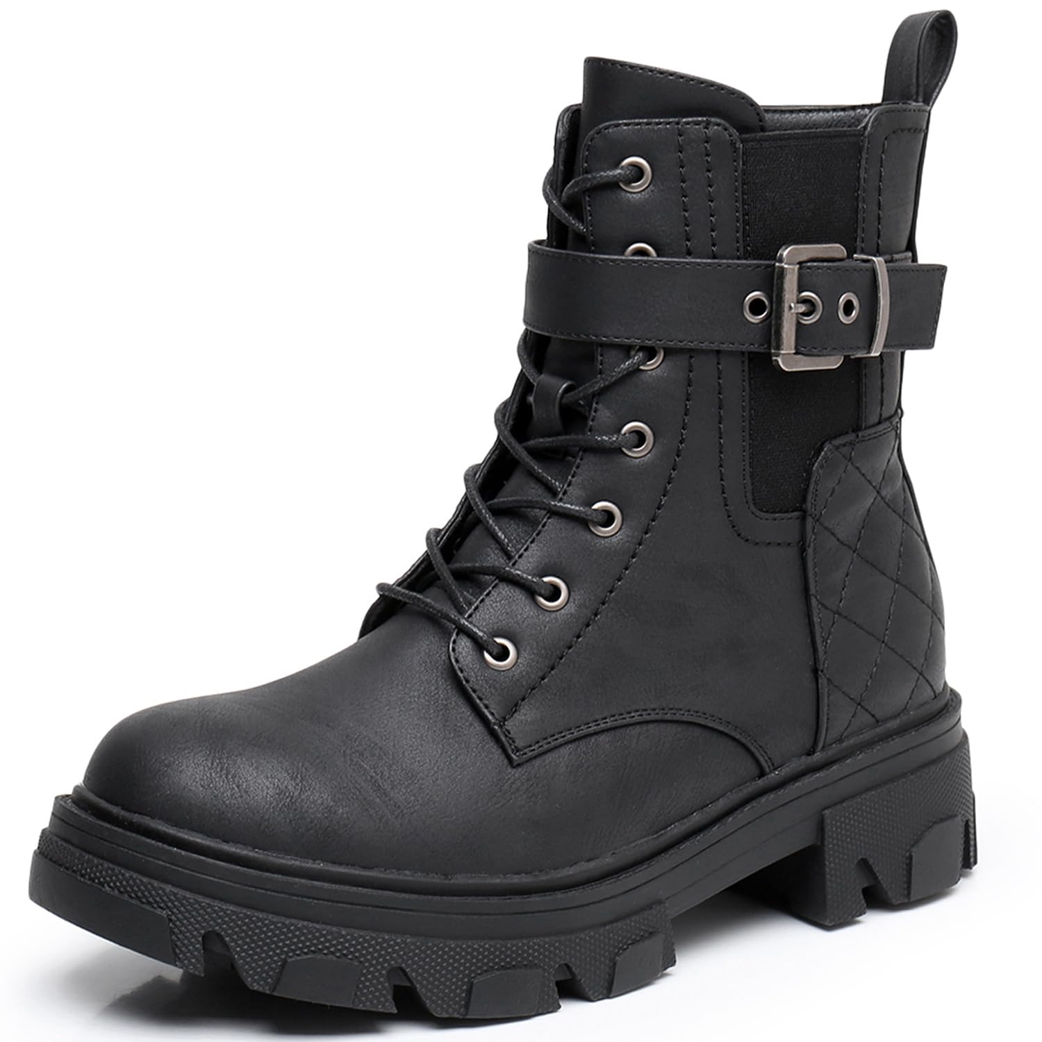 GLOBALWIN Women's Combat Boots Lace Up Ankle Booties Comfortable Lug Sole Boots For Women Chunky Low Heel