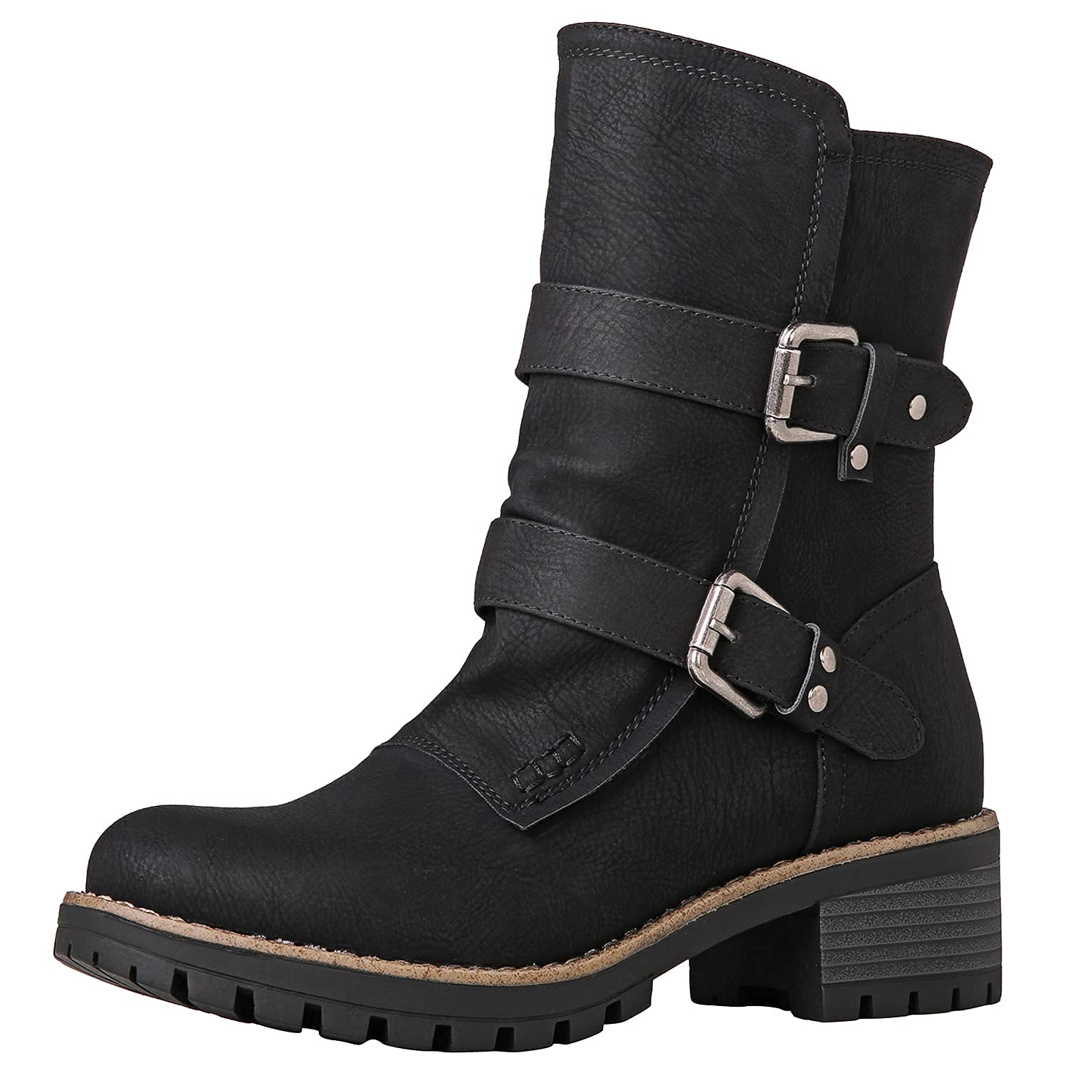 GLOBALWIN Women's Biker Boots Lace up Mid Calf Motorcycle Fashion Festival Boots Combat Riding Military Boots for Women