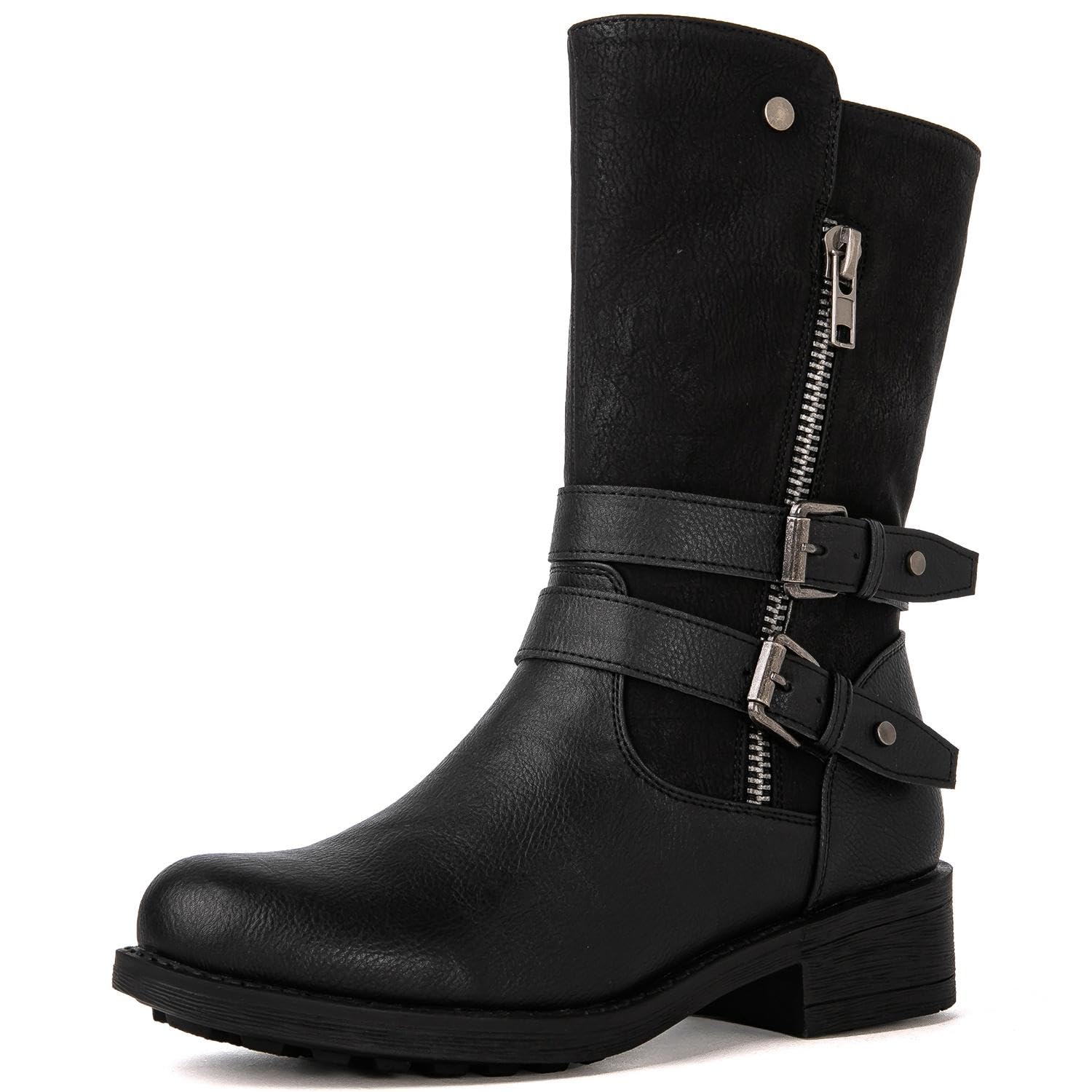 GLOBALWIN Women's Fall Fashion Biker Boots Mid Calf Boots For Women Low Heel