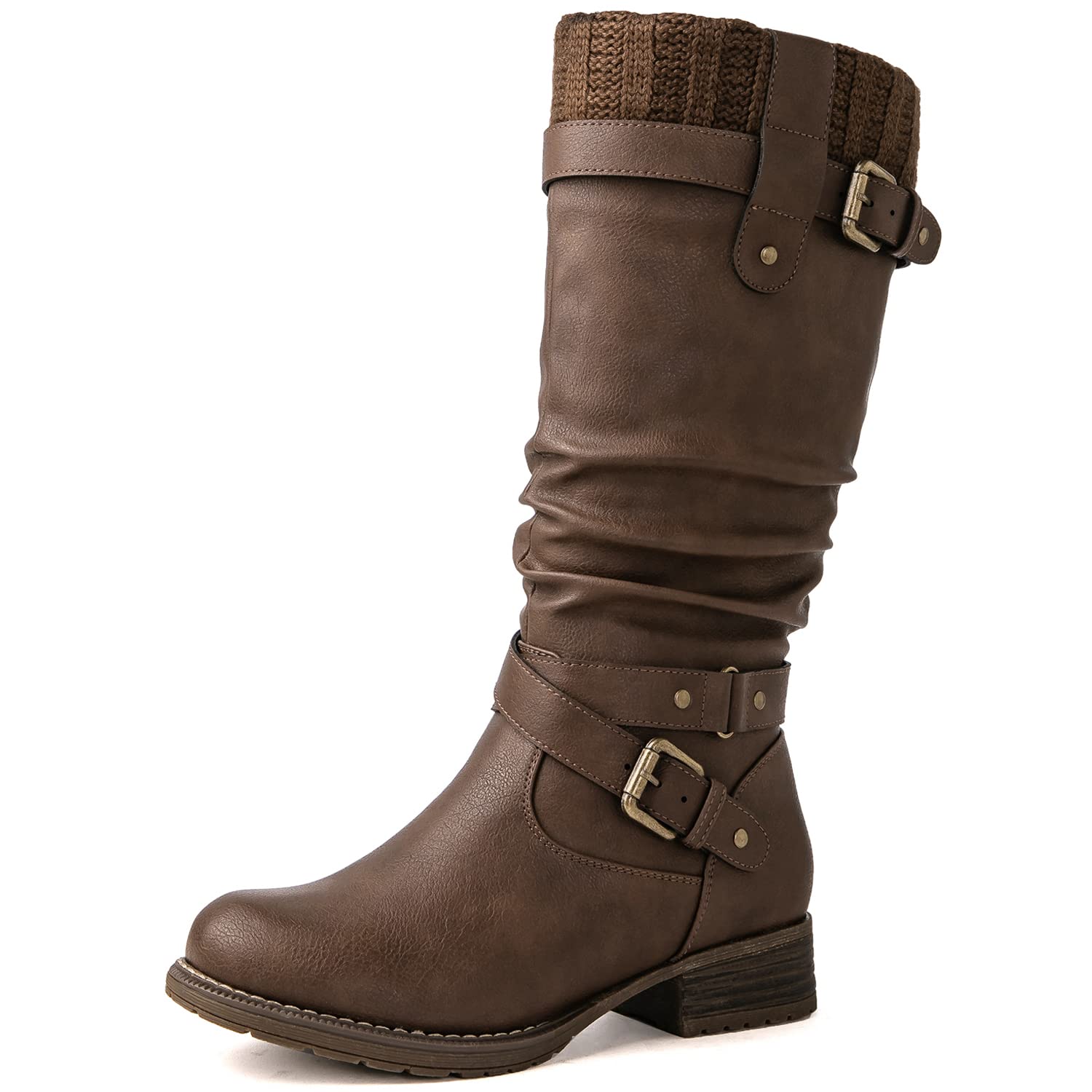 GLOBALWIN Women's Motorcycle Boots Mid Calf Boots Low Heels