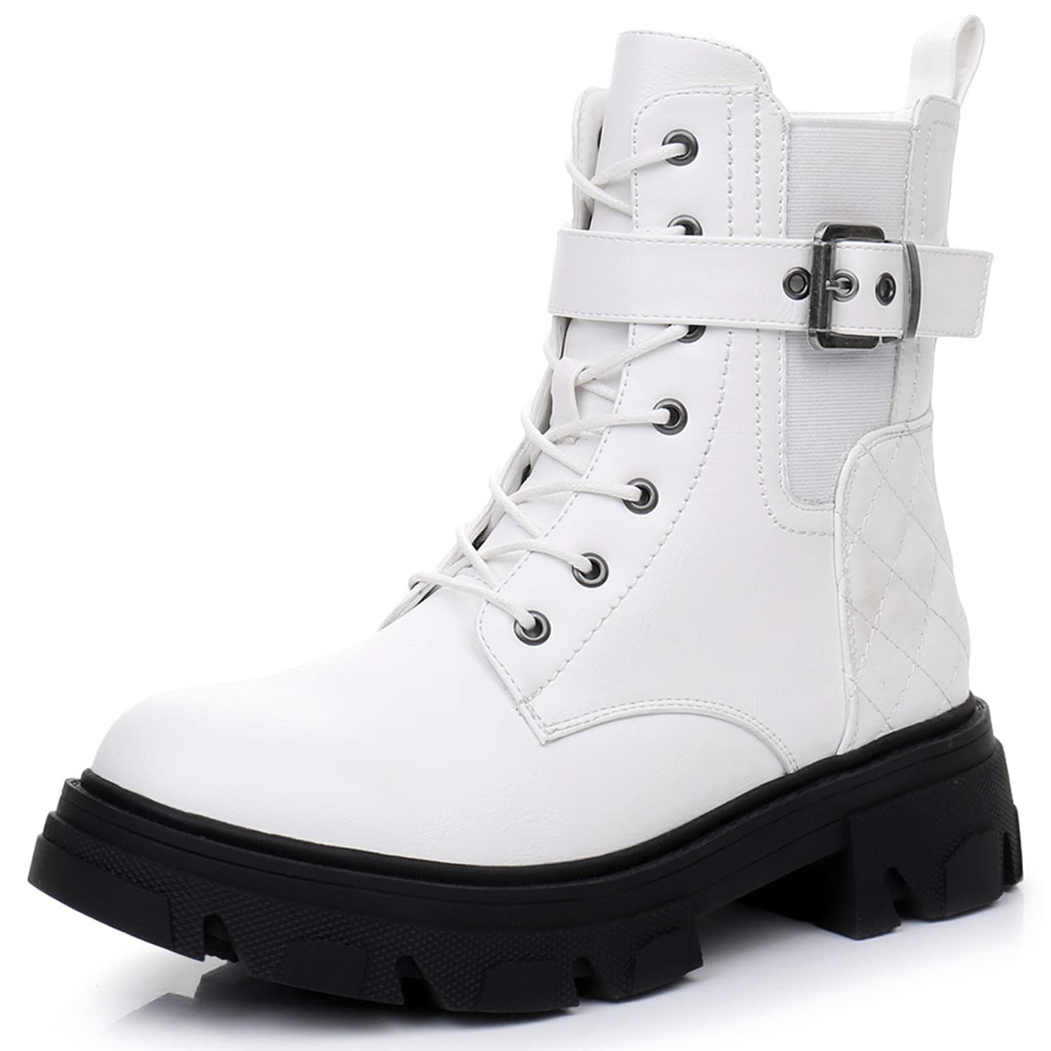 GLOBALWIN Women's Combat Boots Lace Up Ankle Booties Comfortable Lug Sole Boots For Women Chunky Low Heel