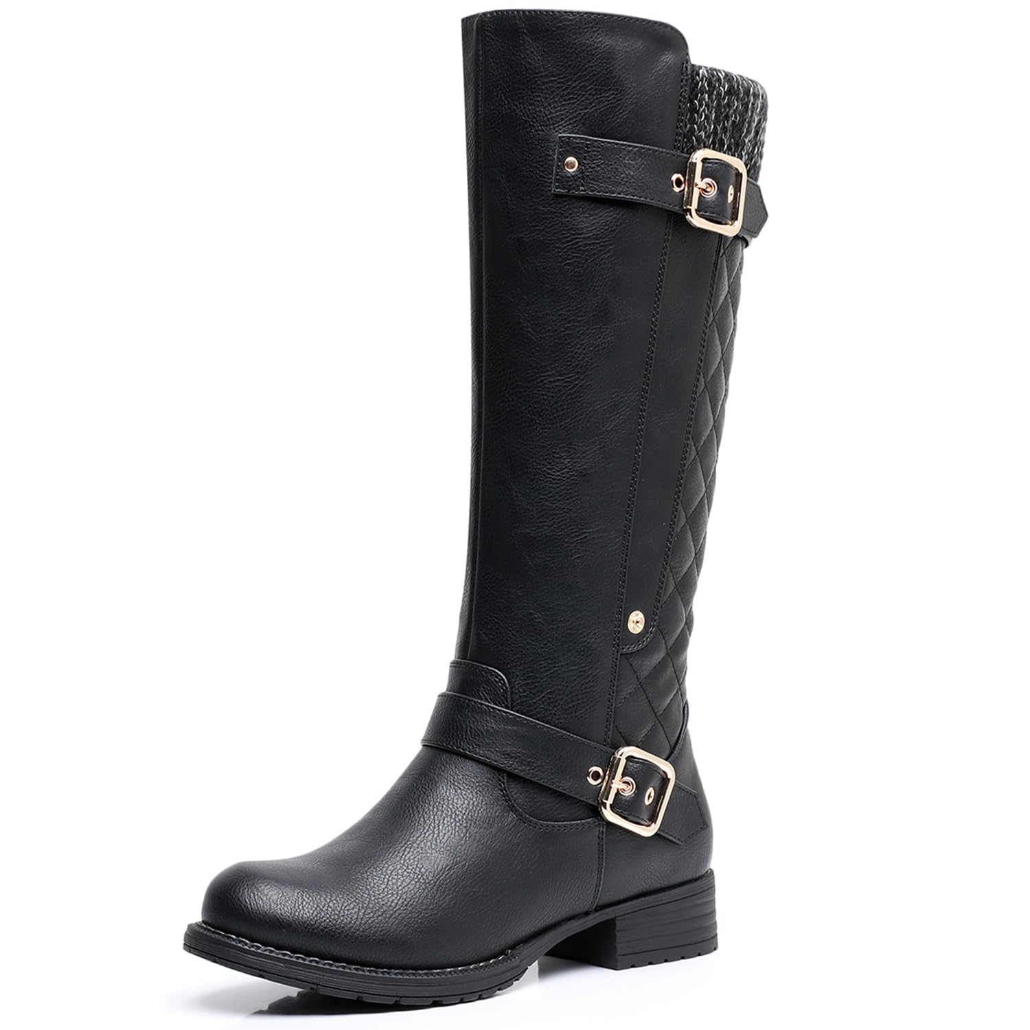 GLOBALWIN Women's Quilted Knee High Boots For Women Low Heel Comfortable Fashion Riding Boots