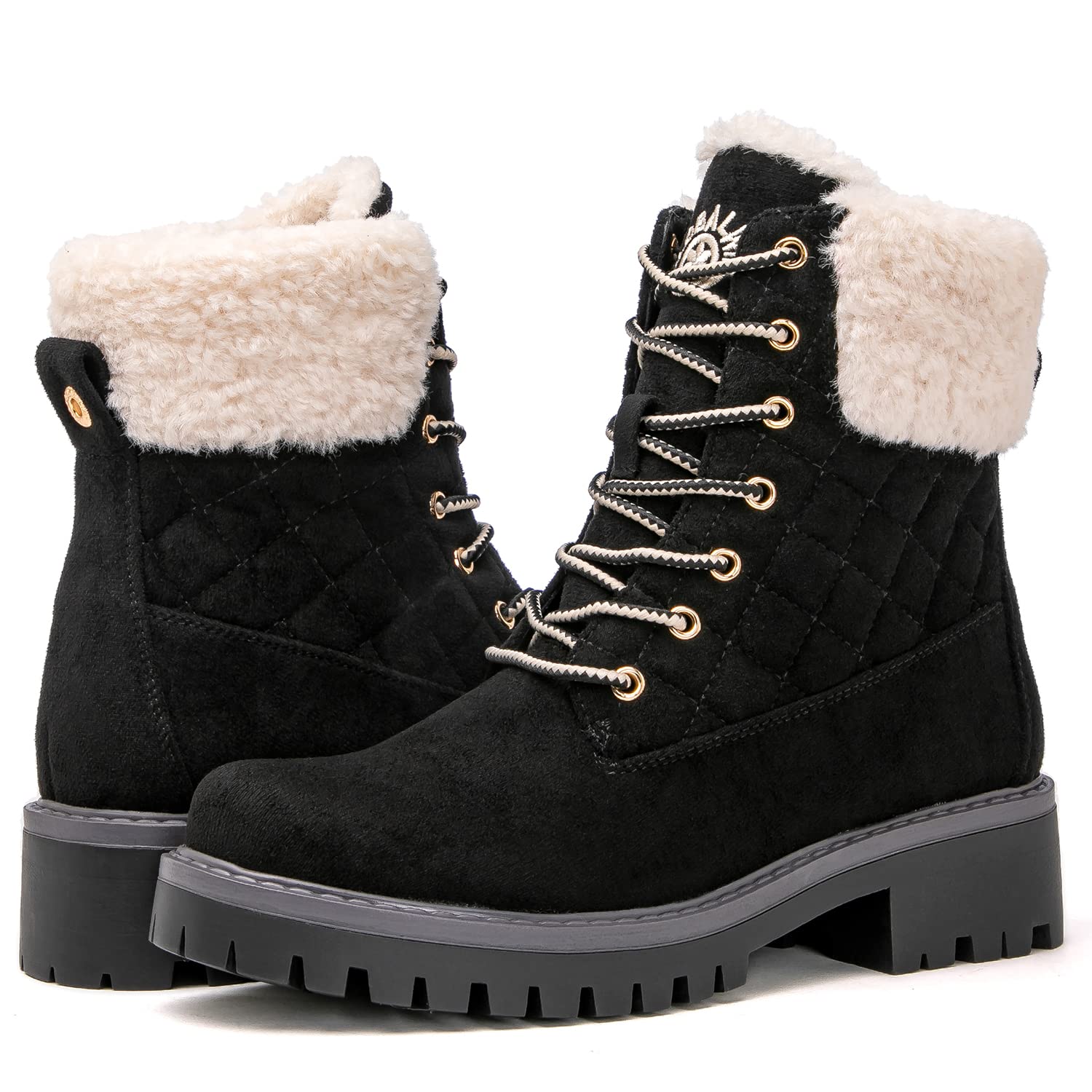 GLOBALWIN Women's Quilted Ankle Boots Fashion Combat Boots Lace Up Combat Boots Low Heel Warm Fur Ankle Booties For Women