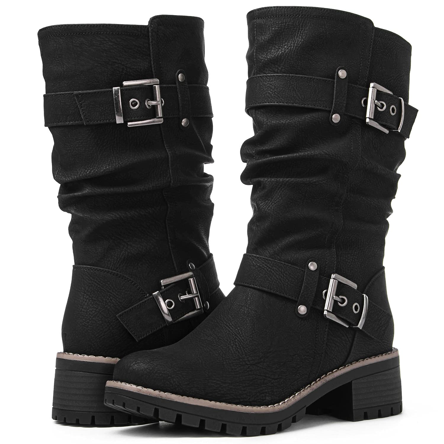 GLOBALWIN Women's Mid Calf Dress Boots Biker Motorcycle Riding Boots Women For Women