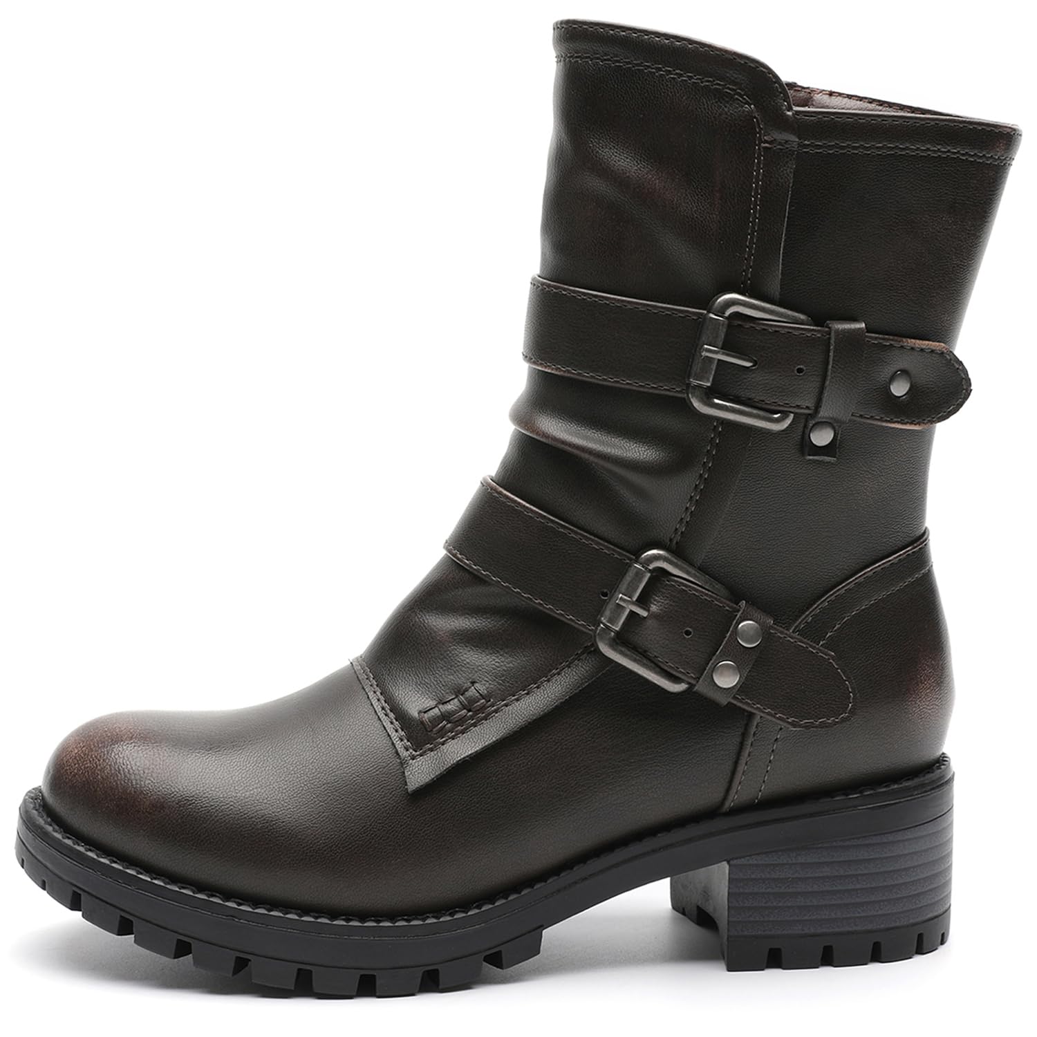 GLOBALWIN Women's Biker Boots Lace up Mid Calf Motorcycle Fashion Festival Boots Combat Riding Military Boots for Women