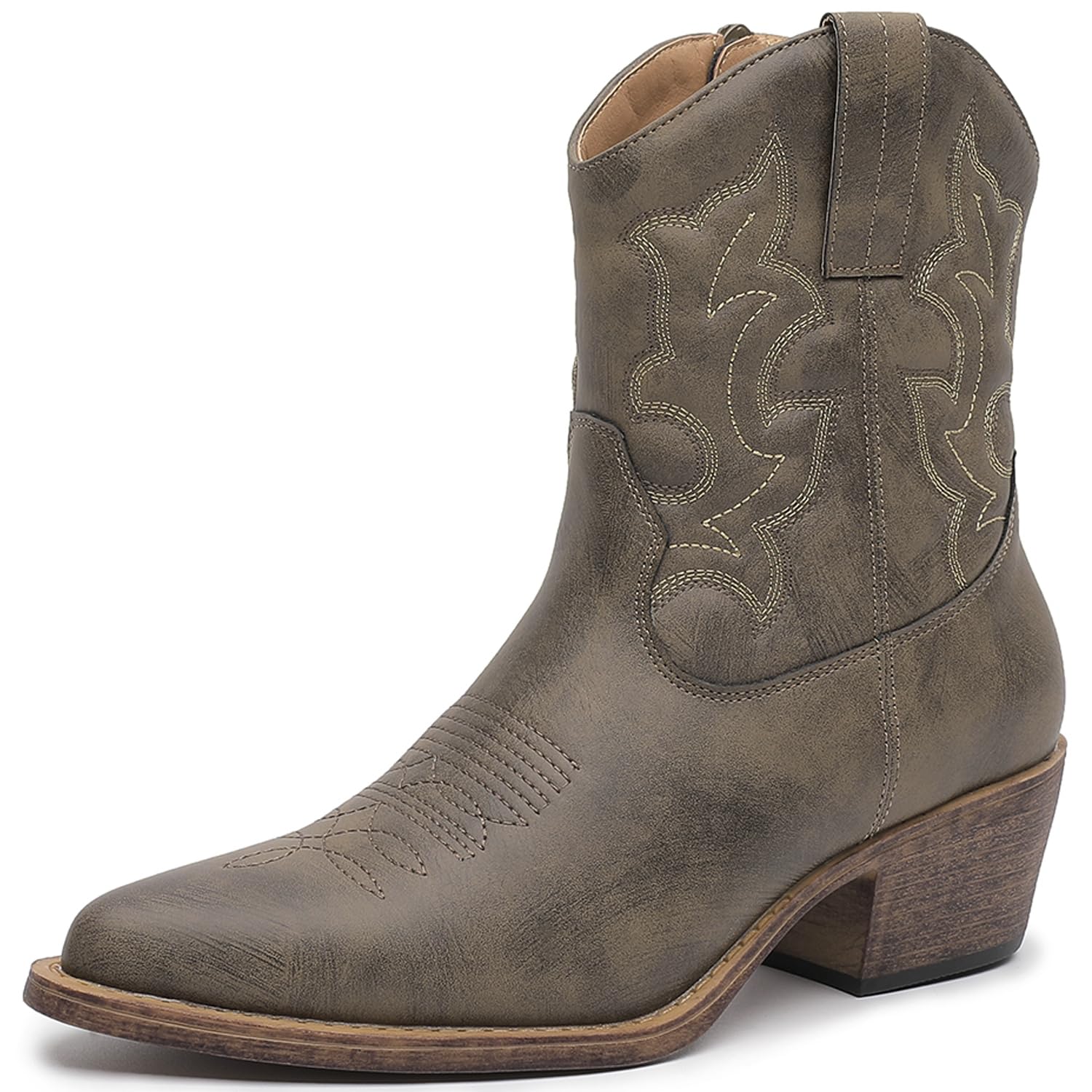 GLOBALWIN Women's Ankle Boots To Mid Calf Western Cowboy Boots Cowgirl Boots For Women With Floral Embroidery Side Zipper Chunky Heel